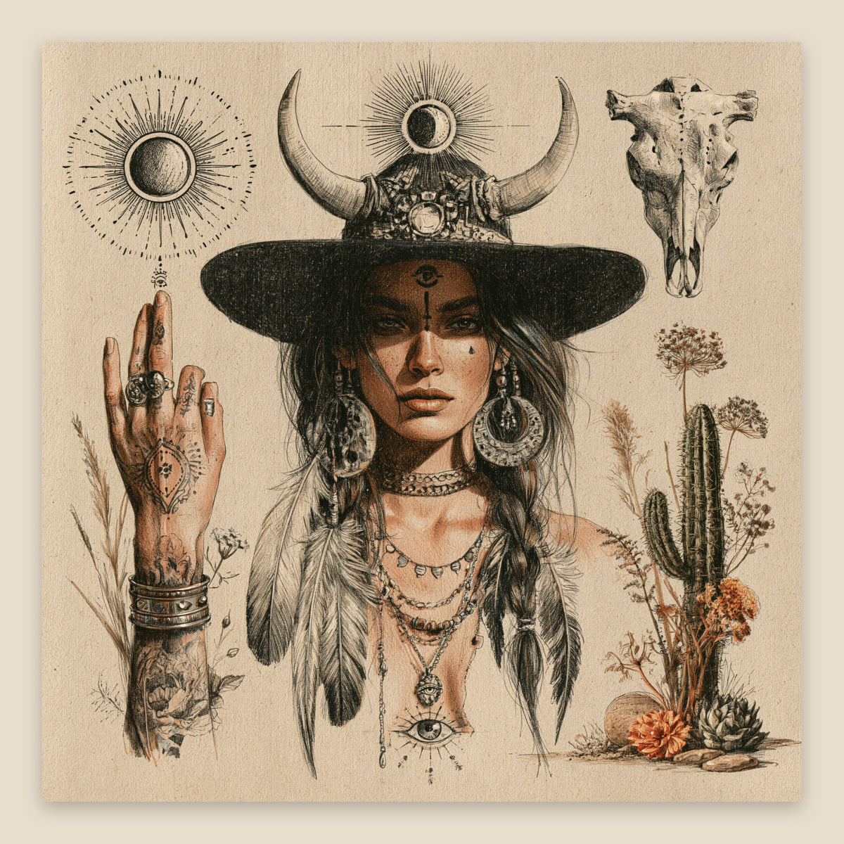 Desert Oracle in a Horned Hat flat lay