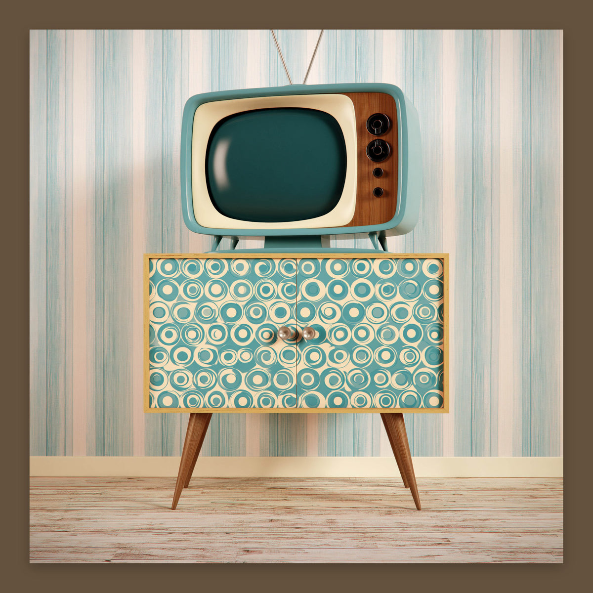 Teal Retro TV on a Patterned Cabinet flat lay