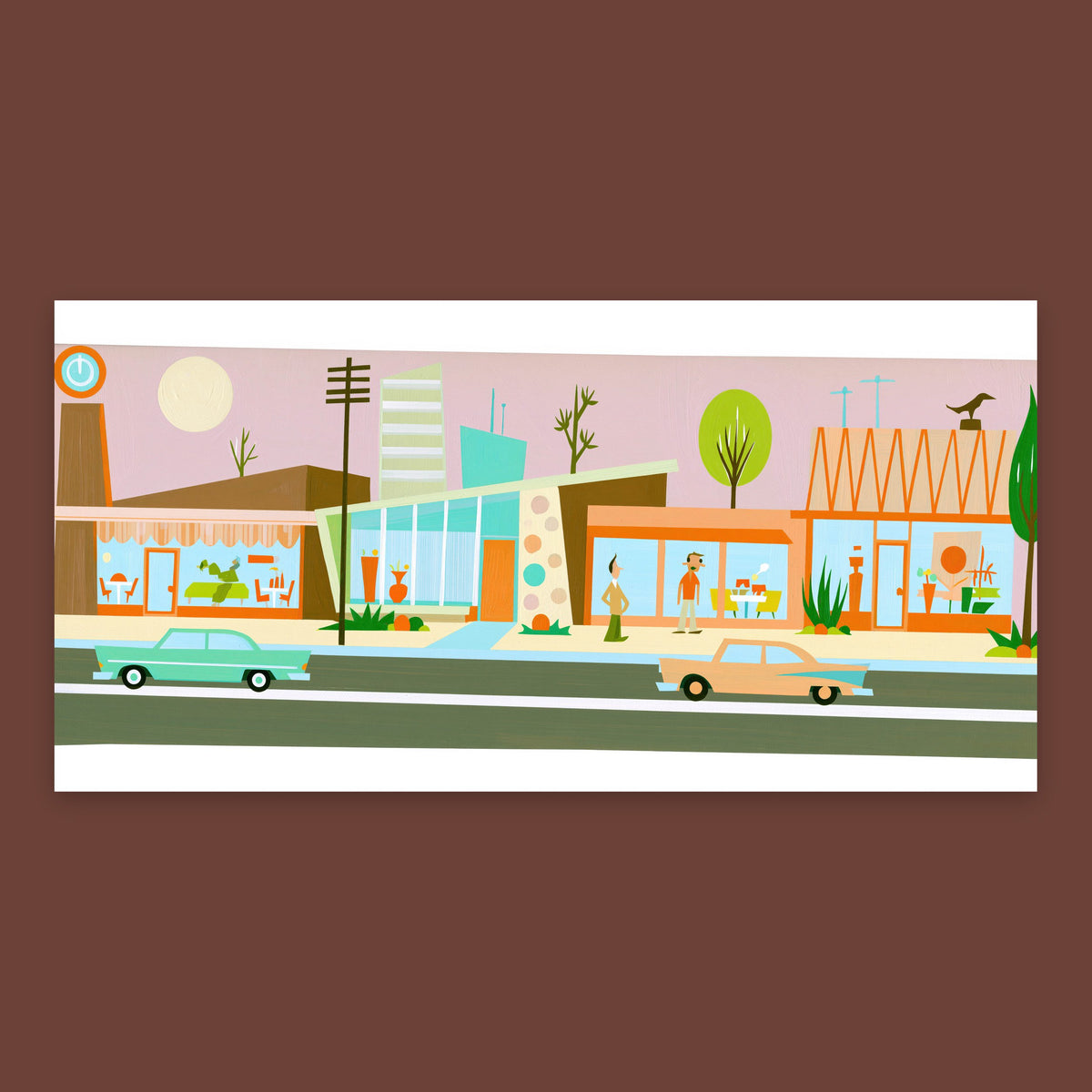 Retro Strip Mall Under a Pink Sky flat lay
