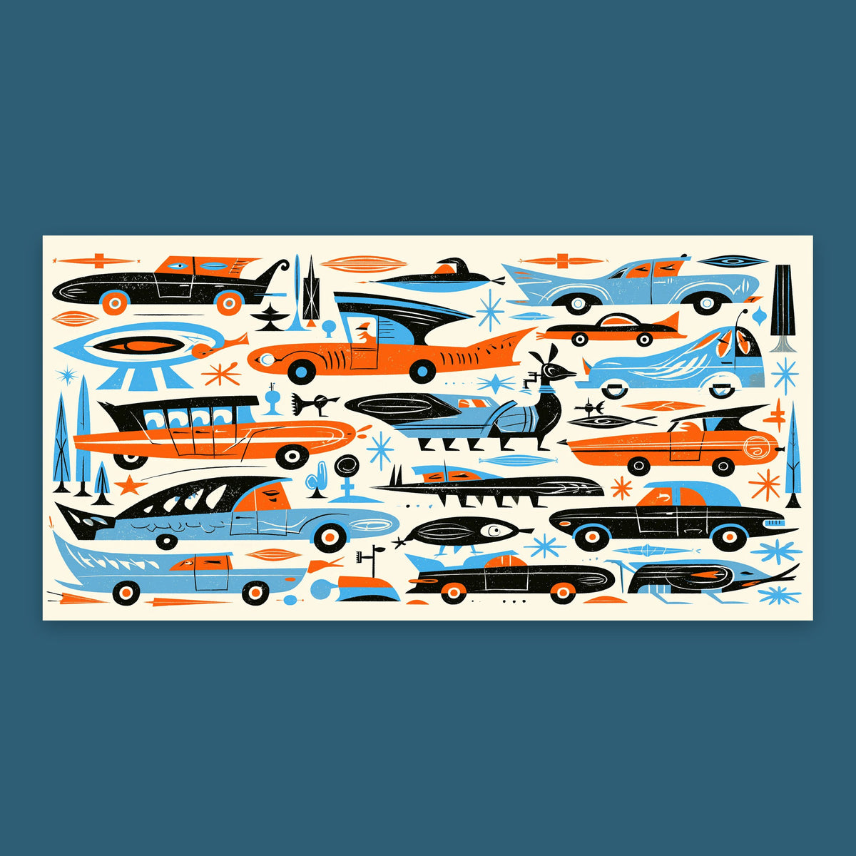 Retro Space Age Cars Pattern flat lay