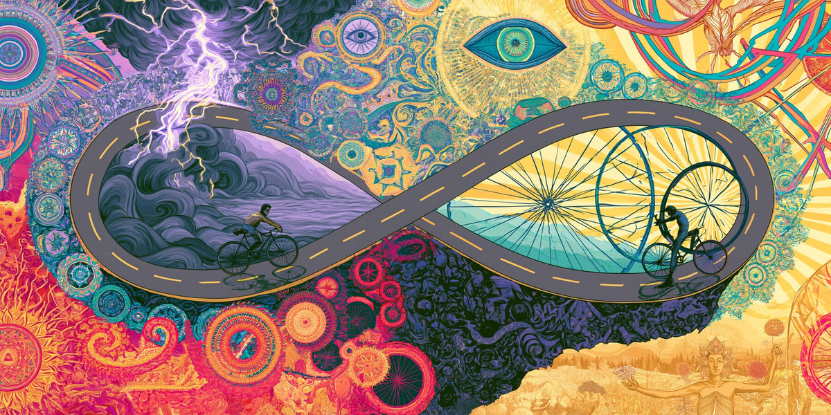 Cyclists of the Infinite Road wall art print staged in a room