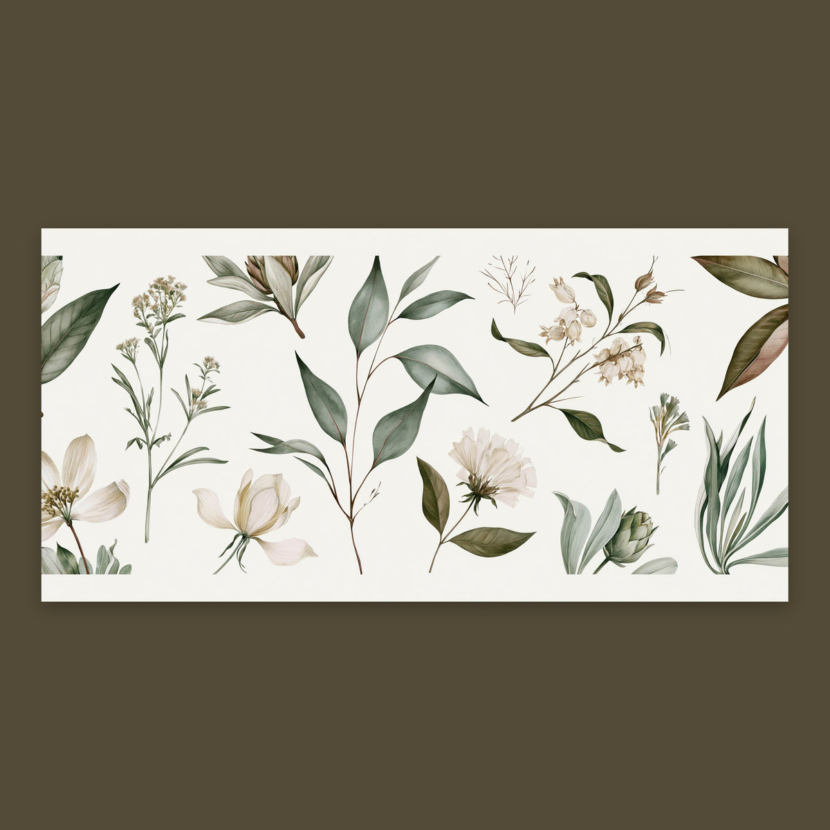 Cream Blossoms and Green Leaf Sprigs flat lay