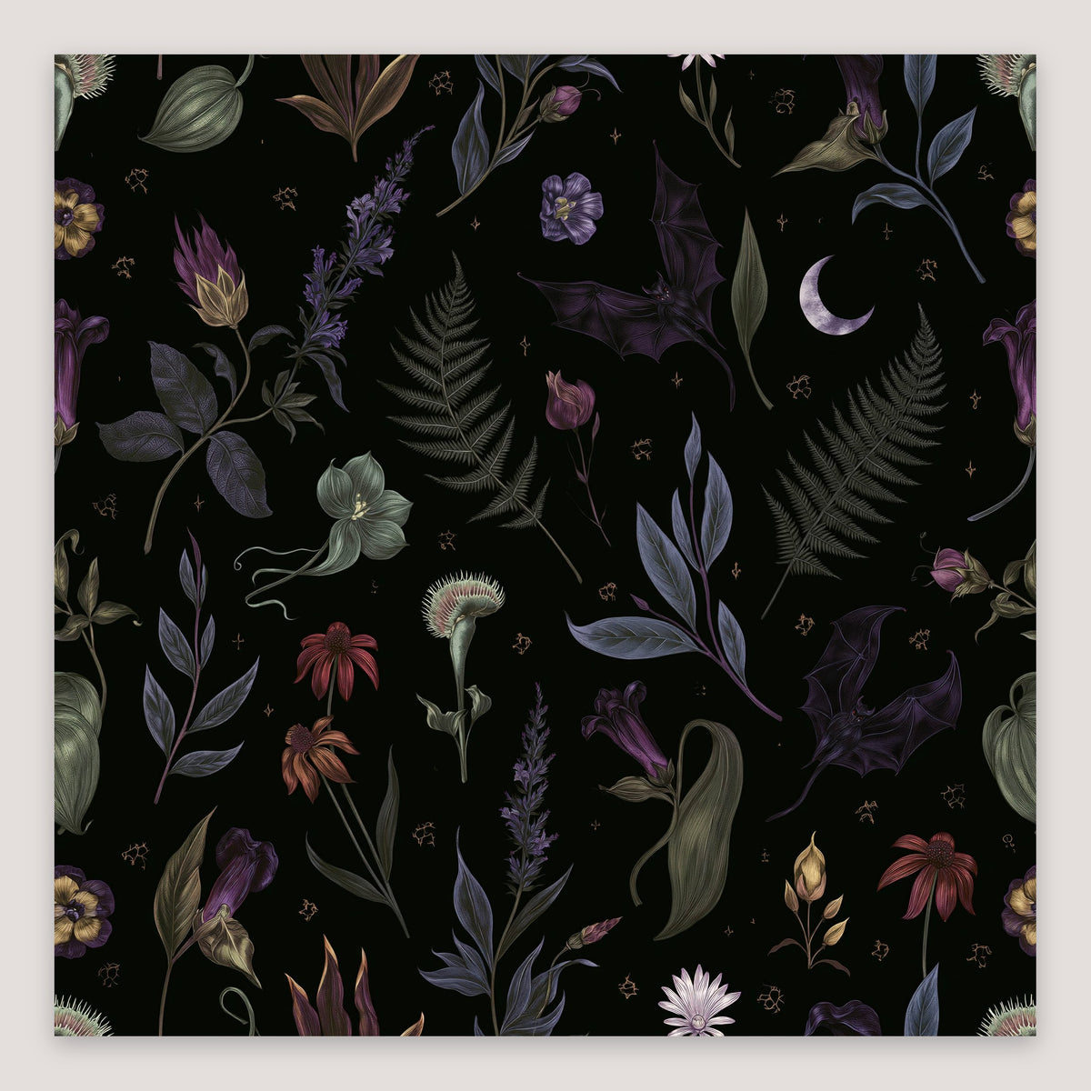 Moonlit Fern and Wildflower Illustration flat lay