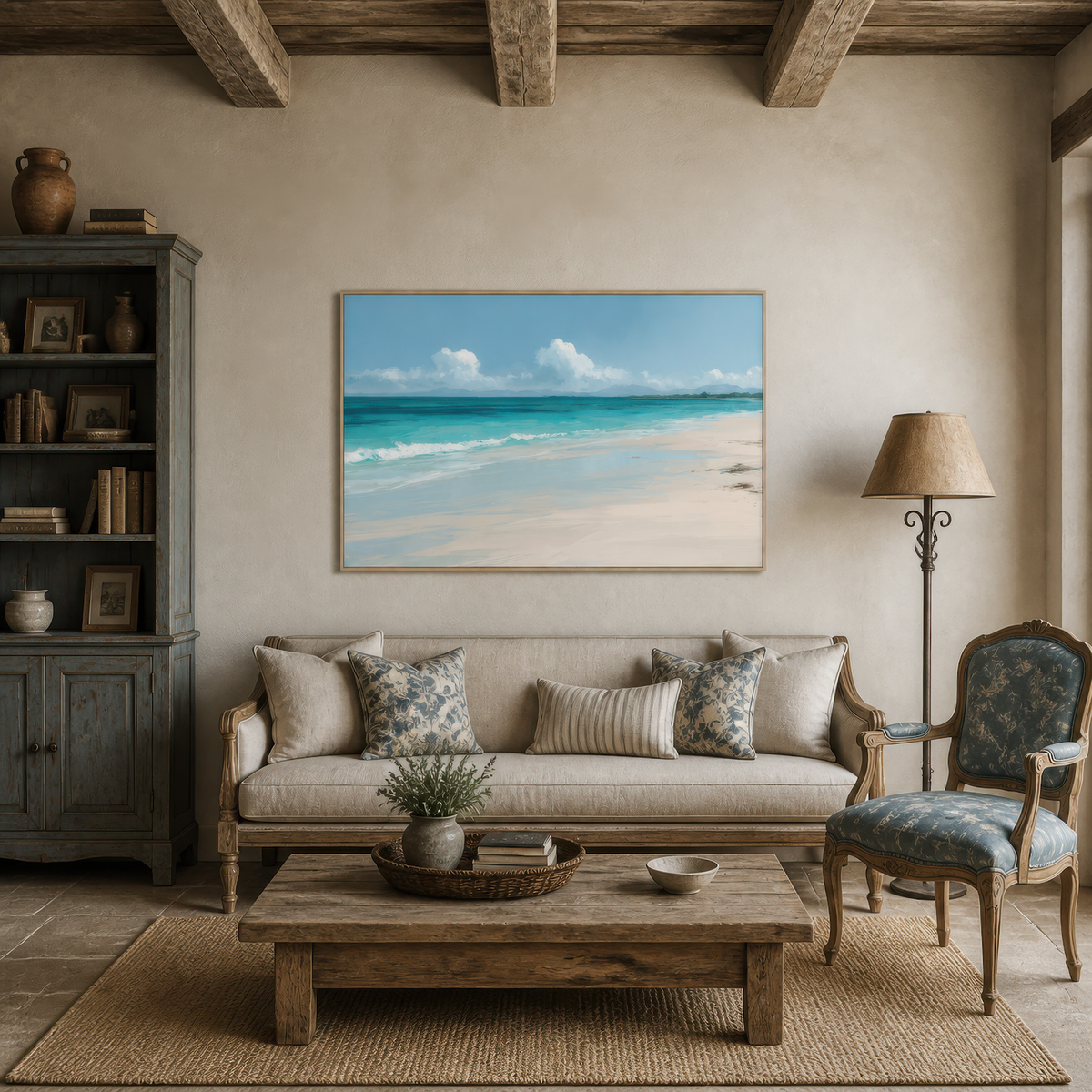 Soft turquoise shore artwork above a cream sofa with striped pillows beside a tall wood cabinet and floor lamp
