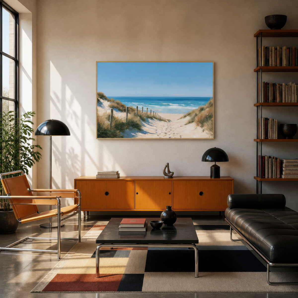 Wide dune path artwork above a teak sideboard in a mid-century room with a tan leather chair