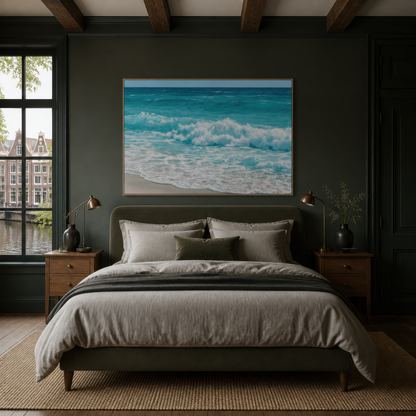 Wide turquoise wave artwork above a bed with gray bedding in a dark olive-green bedroom with wood beams
