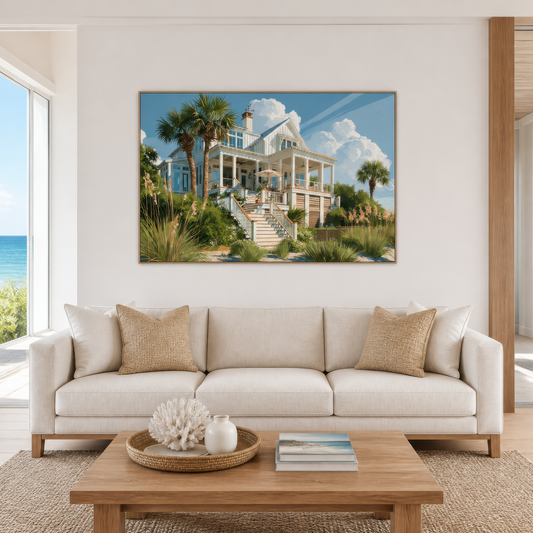 Wide beach house artwork above a cream sofa with tan pillows in a living room with an ocean view window