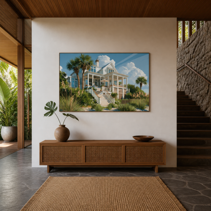Wide beach house artwork above a cane-front wooden console in a hall with a stone wall and staircase