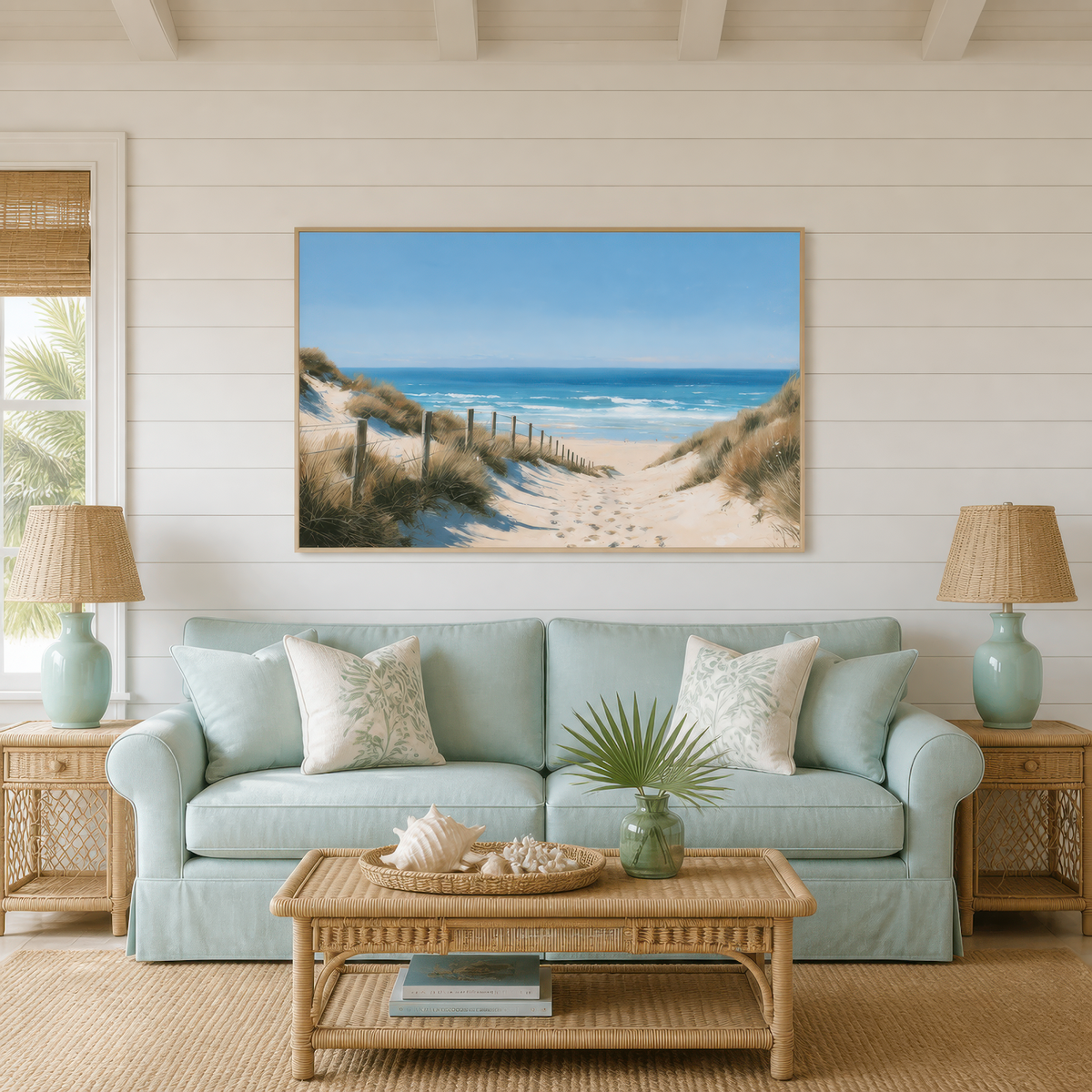Wide dune path artwork above a pale mint sofa in a white plank room with a rattan table and aqua lamps