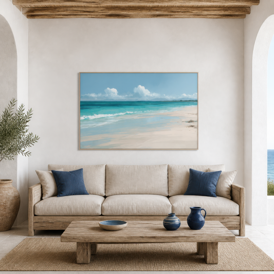 Soft turquoise shore artwork above a cream sofa with navy pillows in a white plaster room with arched alcoves