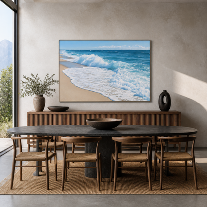 Wide breaking wave artwork above a ribbed wood sideboard in a dining room with a dark oval table