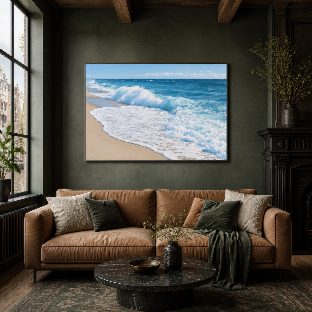 Wide breaking wave artwork above a cognac leather sofa on a dark olive-green wall