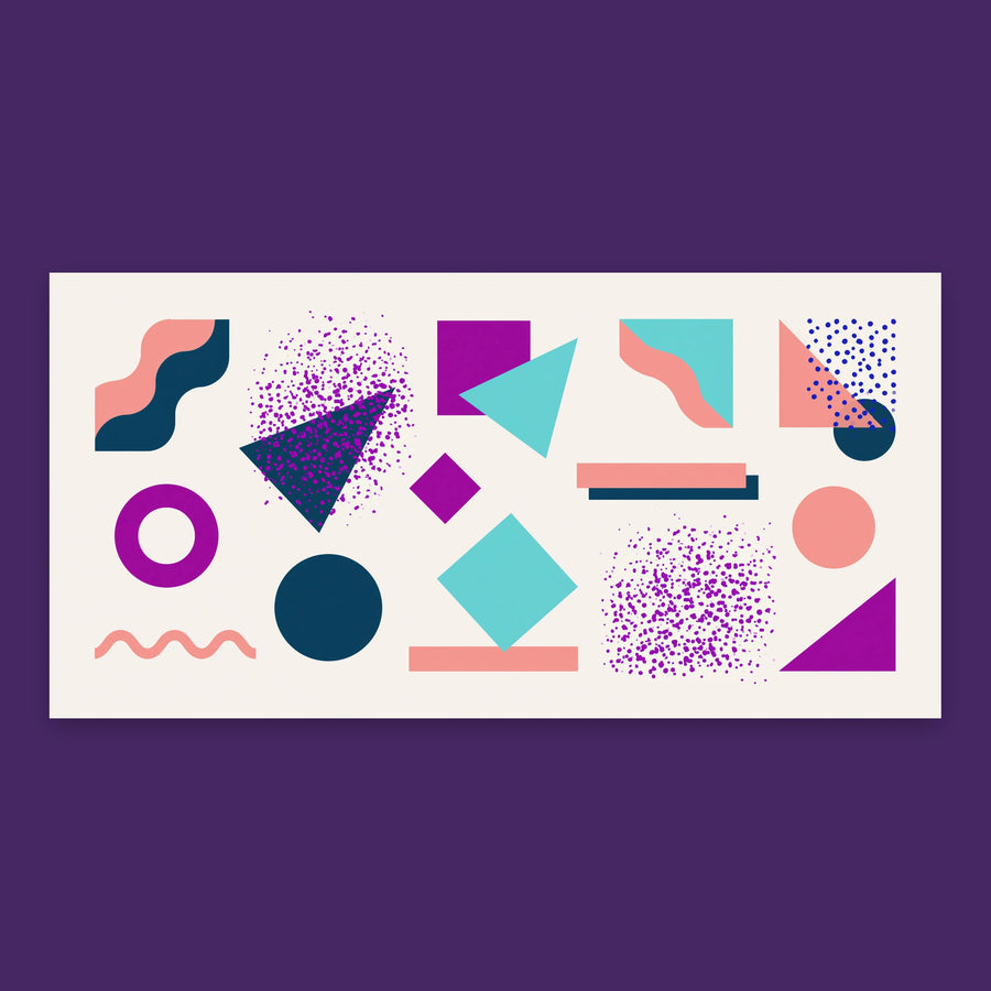 Memphis Style Geometric Abstract in Purple and Teal – Abstract Wall Art