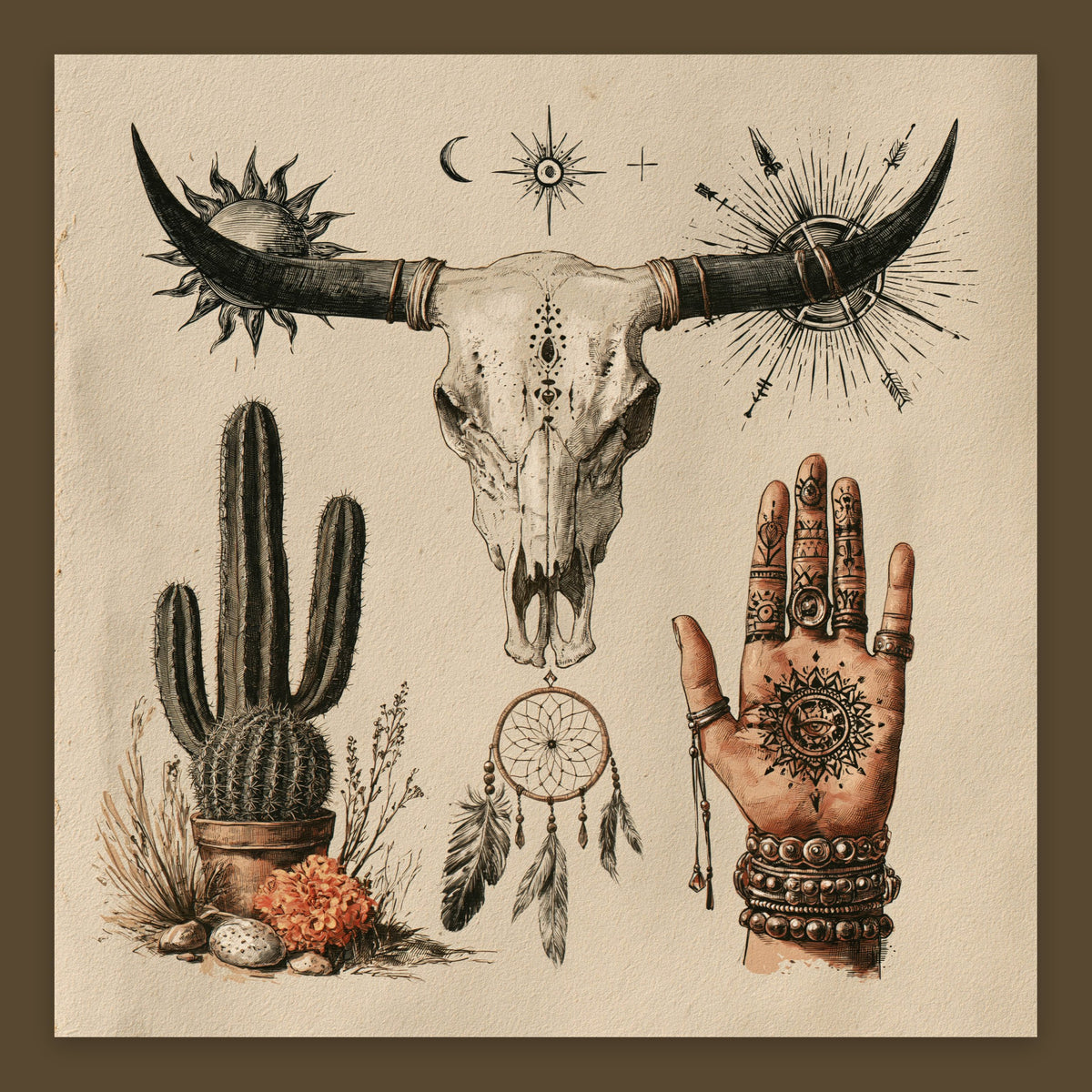 Bull Skull and Desert Talisman Collage – Boho Wall Art