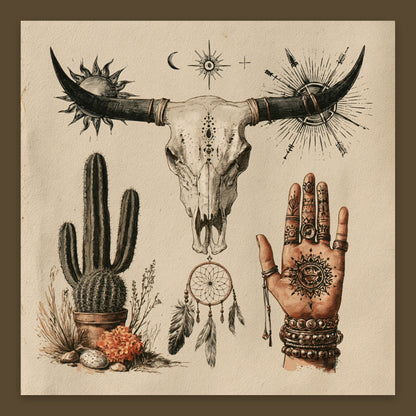 Bull Skull and Desert Talisman Collage flat lay