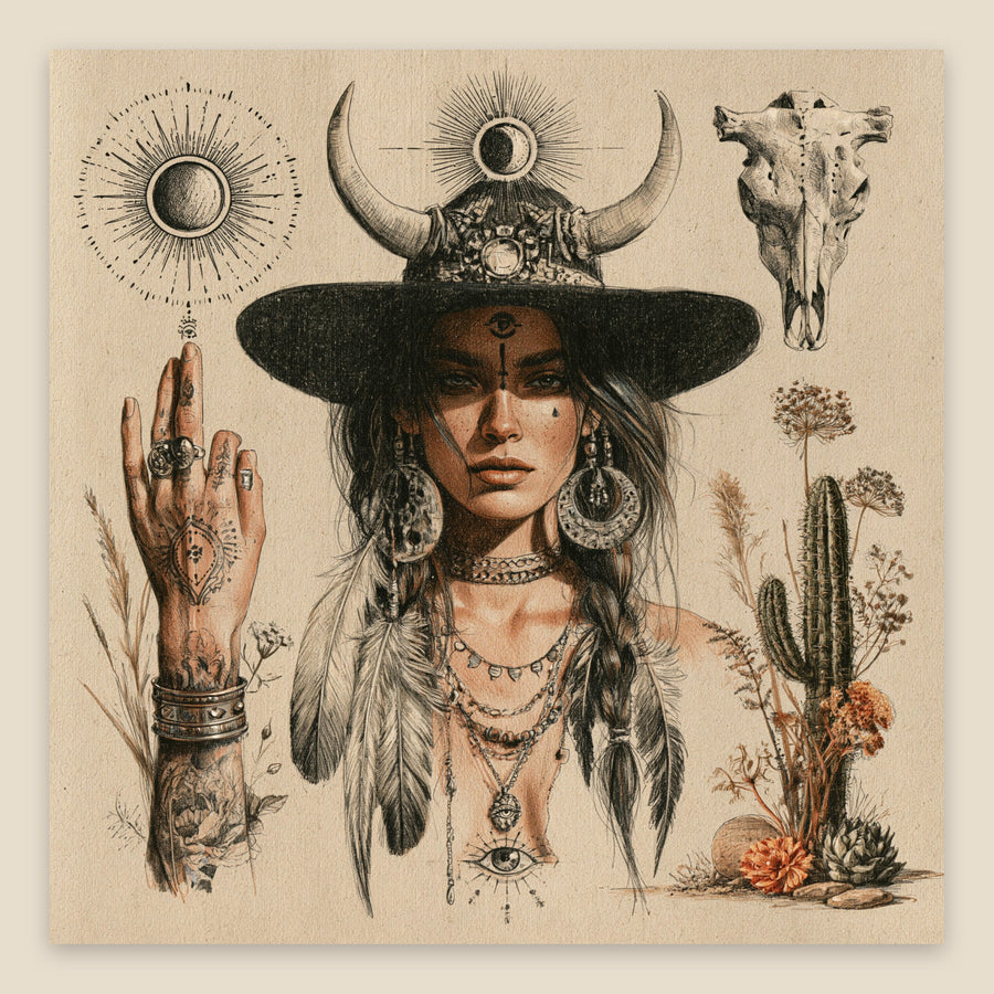 Desert Oracle in a Horned Hat – Boho Wall Art