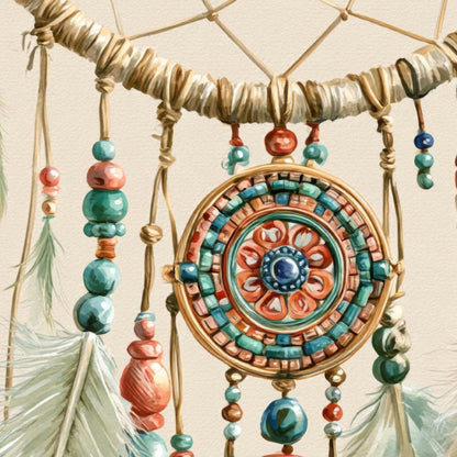Dreamcatcher in Teal and Clay close-up detail
