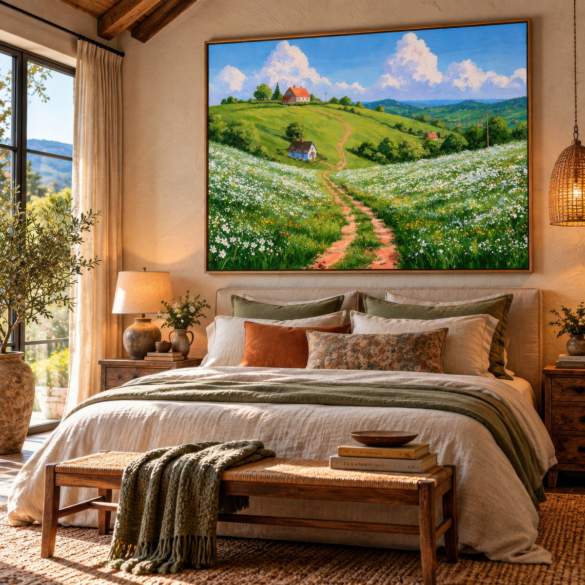 Hillside meadow above a bed with sage and rust pillows and a wood bench in a bedroom