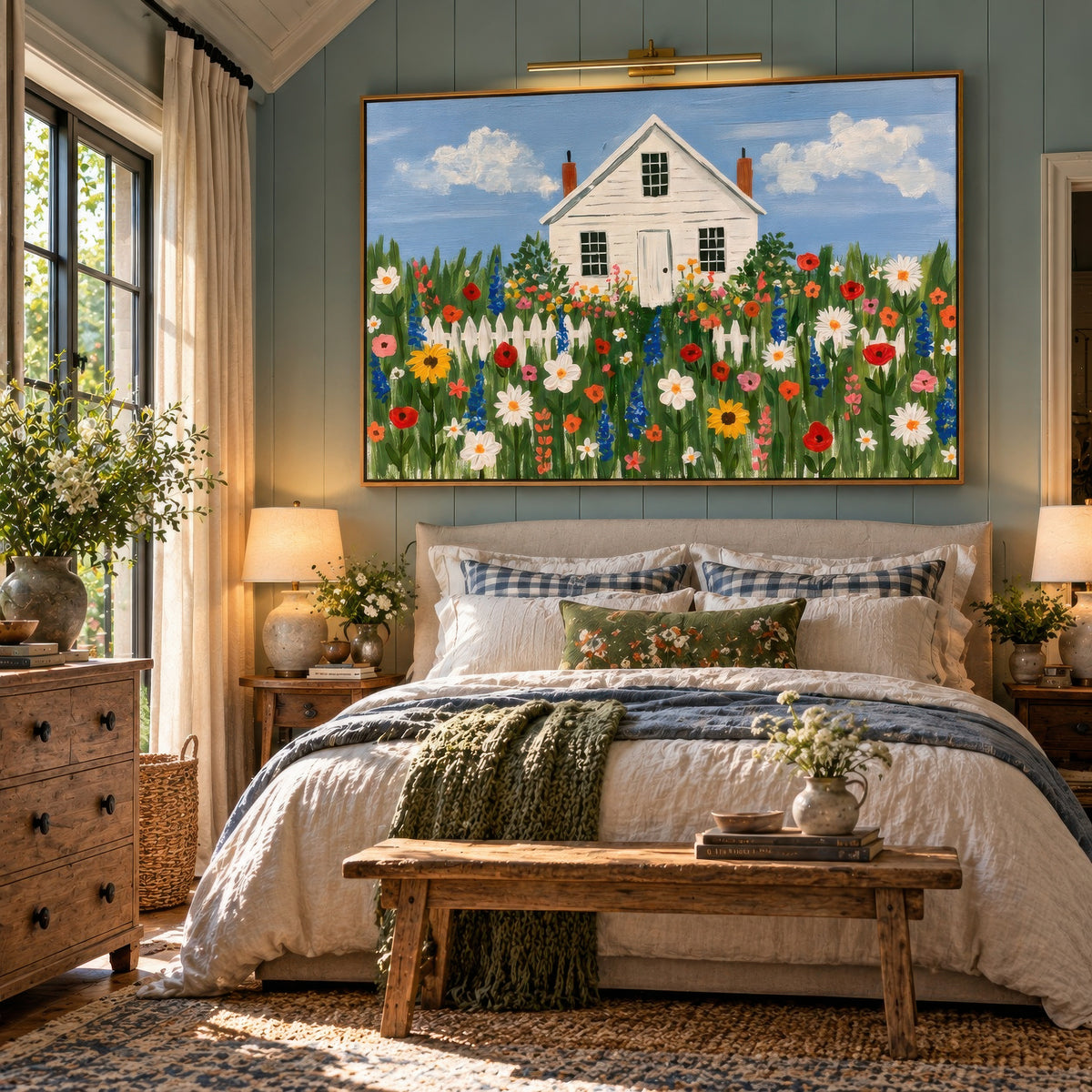 Wildflower cottage above a bed with gingham pillows on a blue grey panelled bedroom wall