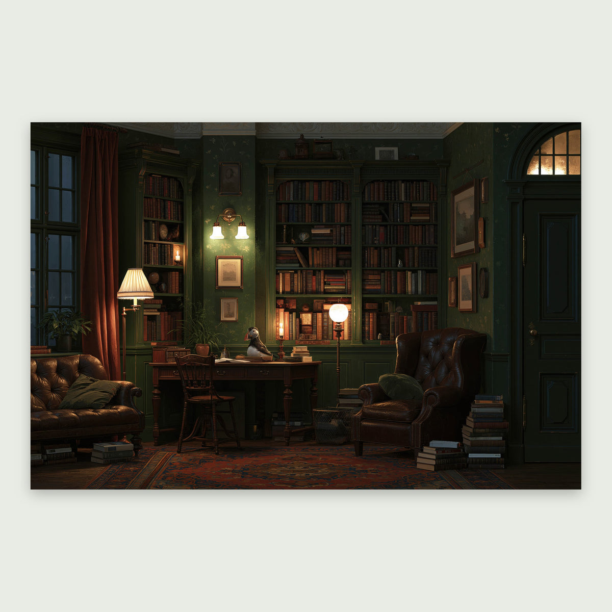 Lamplit Green Library – Dark Academia Wall Art