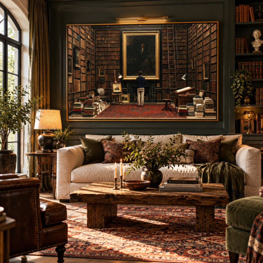 Portrait in the grand library above a cream sofa on a dark green wall with bookshelves in a living room
