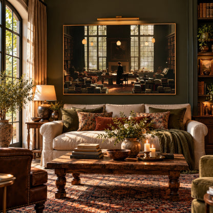 Lone figure in shadow above a cream sofa and wood coffee table on a dark green living room wall