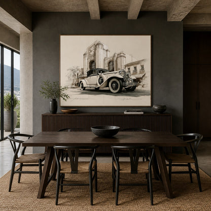 Amber motorcar sketch above a dark ribbed sideboard in a charcoal dining room
