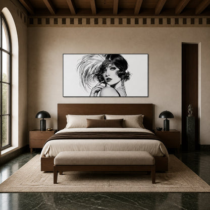 Feathered flapper portrait above a low wooden bed with cream bedding and an arched window
