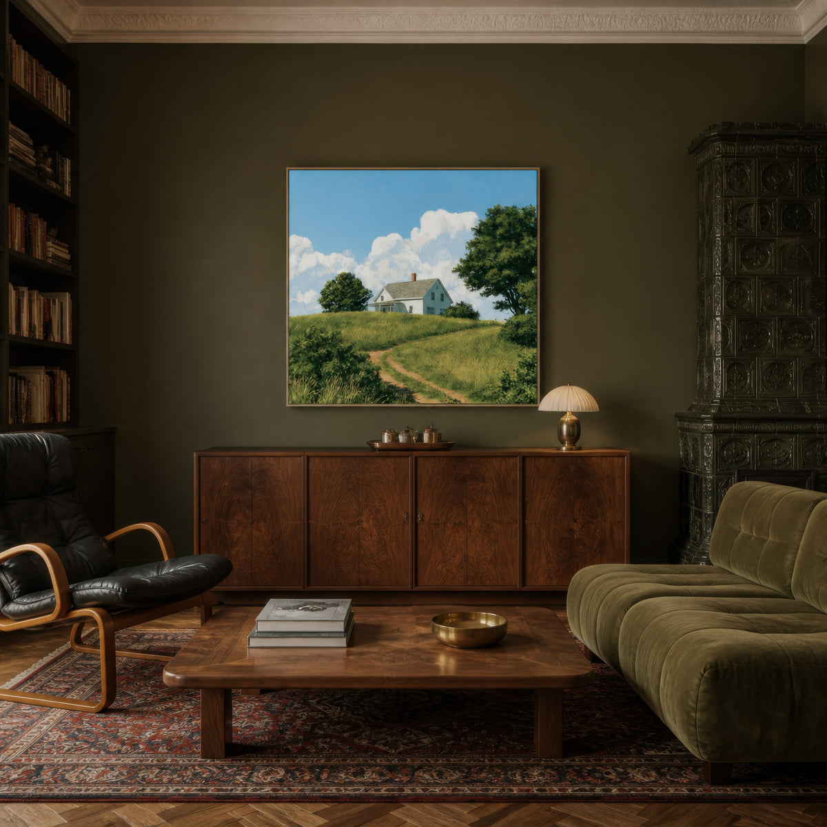Hilltop farmhouse path above a walnut credenza with an olive green sofa and bookshelves