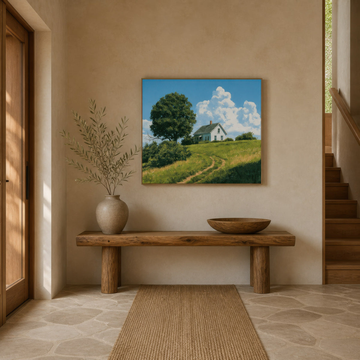 Summer hilltop farmhouse above a wood bench in an entryway with a tall vase of branches