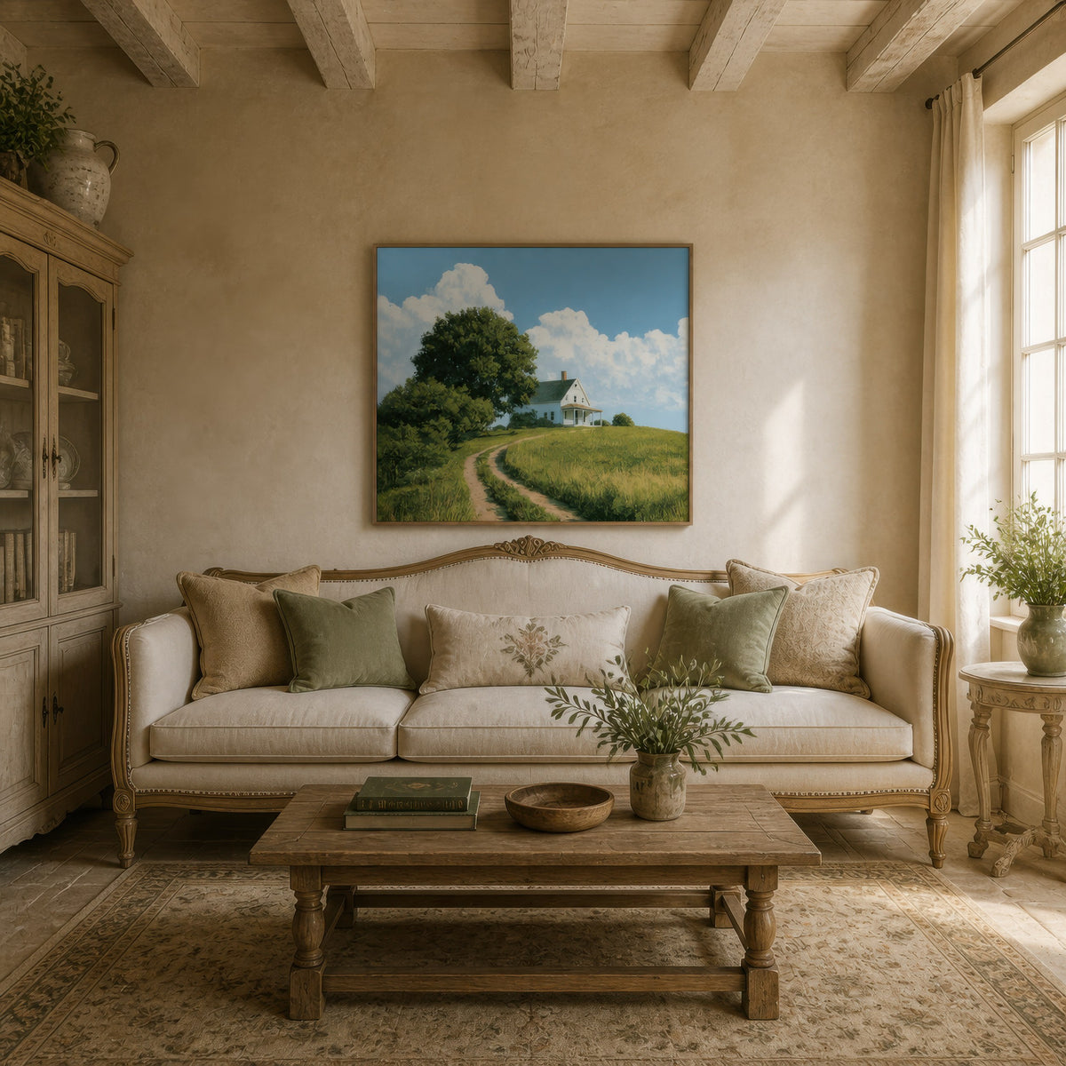 Farmhouse hillside path above a cream sofa with sage pillows and a glazed cabinet