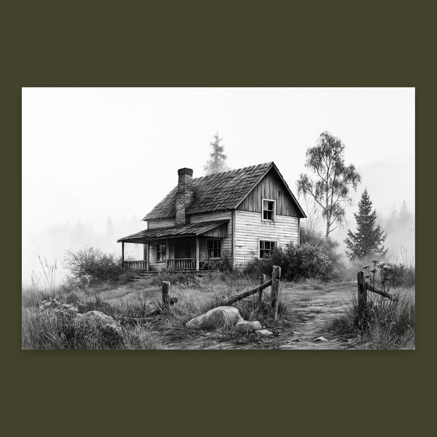 Foggy Farmhouse Cabin – Farmhouse Wall Art