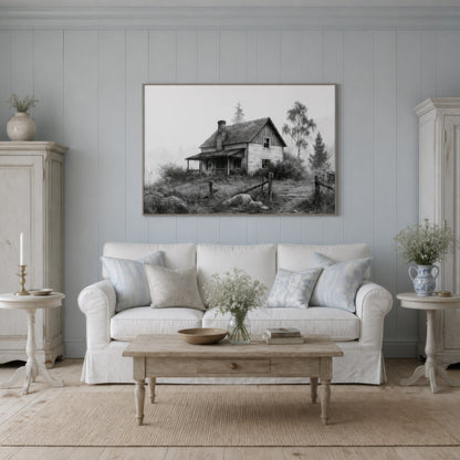 Foggy farmhouse cabin above a white slipcovered sofa with a whitewashed coffee table