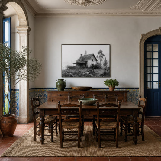 Foggy farmhouse cabin above a wood sideboard with a dark dining table and rush chairs