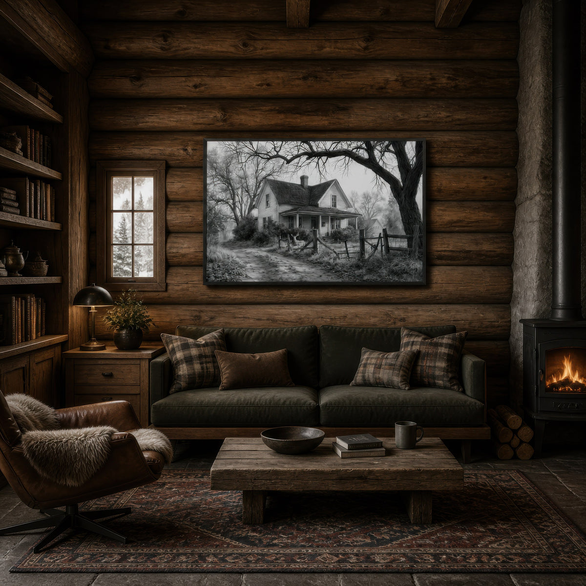 Farmhouse under the old tree above an olive sofa on a dark timber cabin wall with a stove
