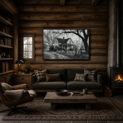 Farmhouse under the old tree above an olive sofa on a dark timber cabin wall with a stove
