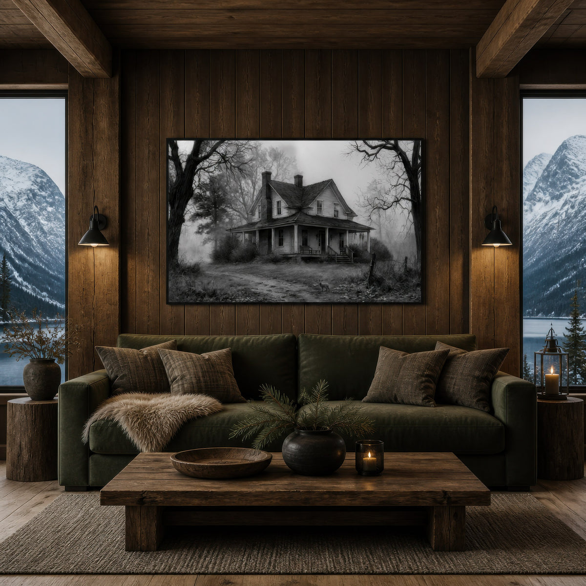 Foggy farmhouse road above an olive brown sofa on a dark timber wall with mountain windows