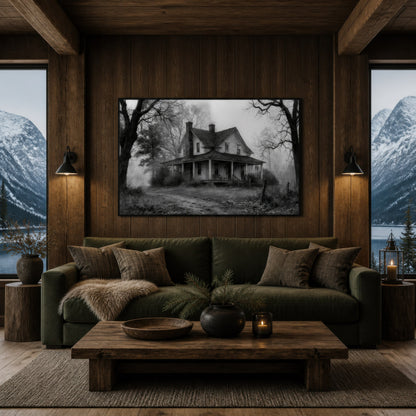 Foggy farmhouse road above an olive brown sofa on a dark timber wall with mountain windows