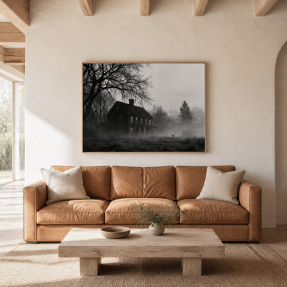 Foggy farmhouse at dusk above a tan leather sofa with a pale wood coffee table