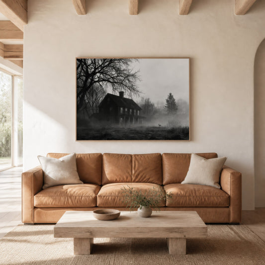 Foggy farmhouse at dusk above a tan leather sofa with a pale wood coffee table