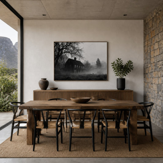 Foggy farmhouse at dusk above a wood dining table with black chairs and a stone wall