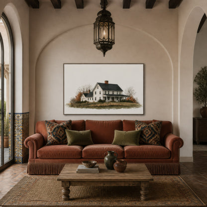 Autumn farmhouse illustration above a rust terracotta sofa with a Moroccan lantern