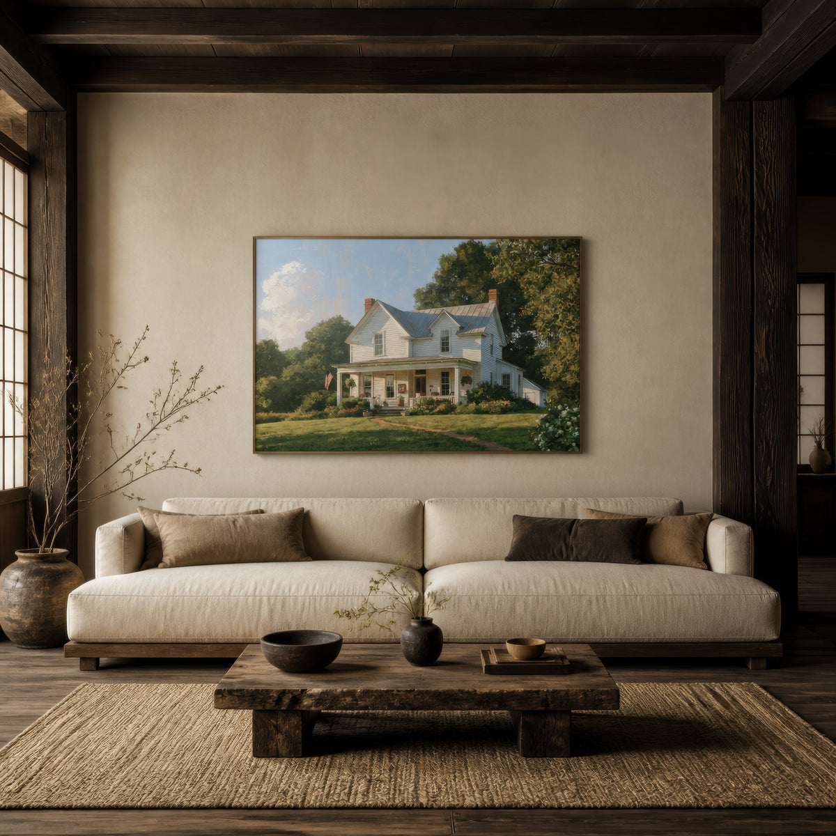 Sunny morning farmhouse above a cream sectional with a low dark wood coffee table
