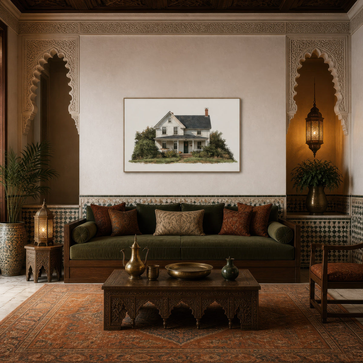 Farmhouse watercolor illustration above an olive banquette with a carved brass table