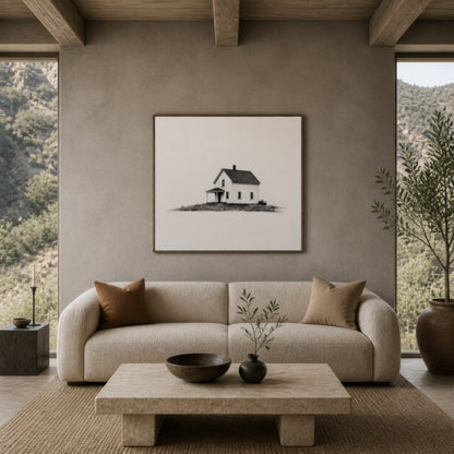 Low wide farmhouse with a porch above a cream curved sofa with a stone slab coffee table