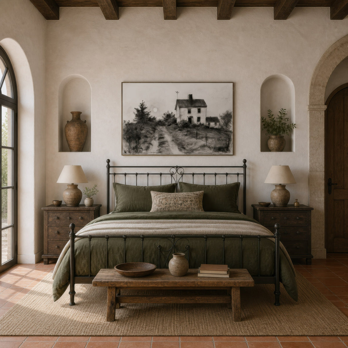 Dusty country road above a black iron bed with olive bedding and wooden nightstands