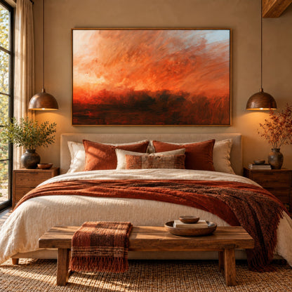 Fiery sky abstract above a bed with a rust throw between two copper pendant lamps in a bedroom