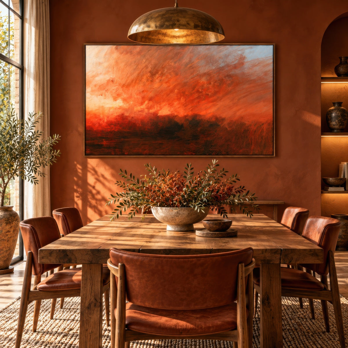 Fiery sky abstract above a wood dining table with leather chairs on a terracotta wall