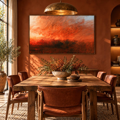 Fiery sky abstract above a wood dining table with leather chairs on a terracotta wall