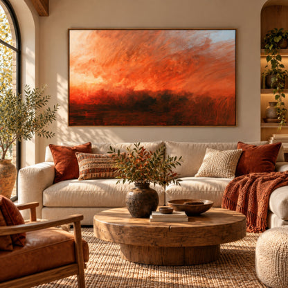 Fiery sky abstract above a cream sofa with rust pillows and a round wood coffee table in a living room